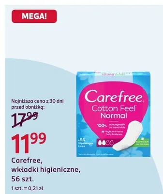 Wkładki higieniczne Carefree, 56 szt. promocja w Rossmann