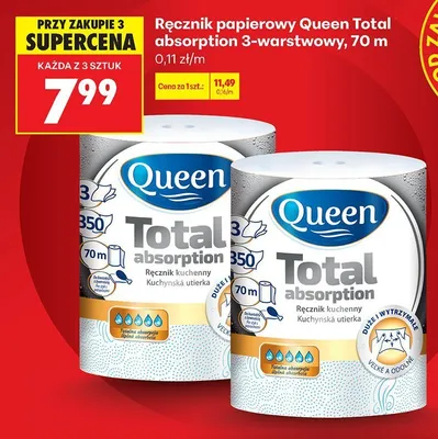Ręcznik papierowy Queen Total Absorption 3-warstwowy 70 m promocja w Biedronka