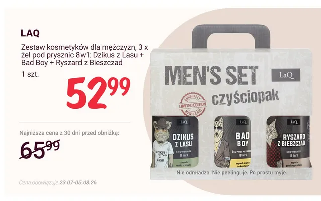Zestaw żeli pod prysznic dla mężczyzn LaQ 3x żel pod prysznic 8w1 Dzikus z Lasu + Bad Boy + Ryszard z Bieszczad promocja w Rossmann