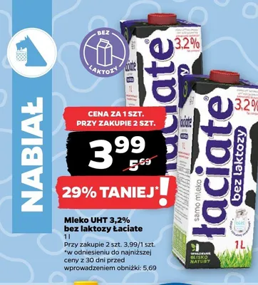 Mleko UHT 3,2% bez laktozy Łaciate promocja w Netto