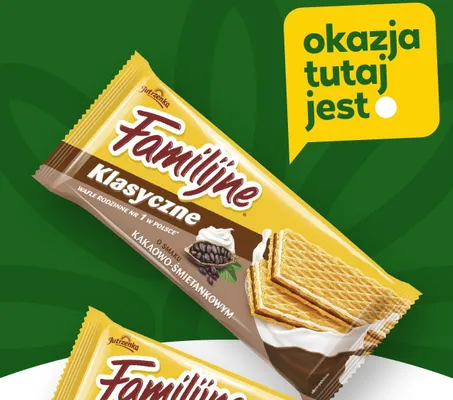 Wafle Klasyczne o smaku kakaowo-śmietankowym Jutrzenka Familijne promocja w Stokrotka