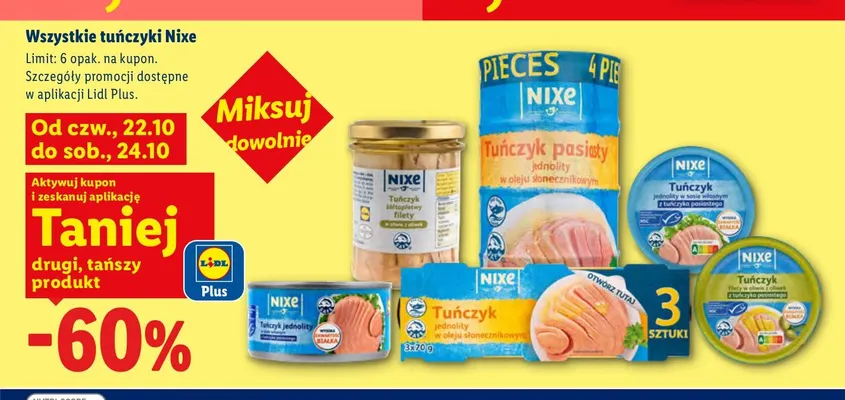 Tuńczyk żółtopłetwy filety w oliwie z oliwek Nixe promocja w Lidl