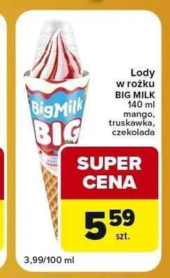 Lody w rożku Big Milk truskawka promocja w Carrefour Express