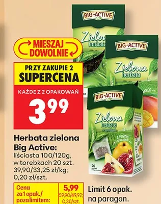 Herbata zielona w torebkach Big Active z maliną promocja w Biedronka