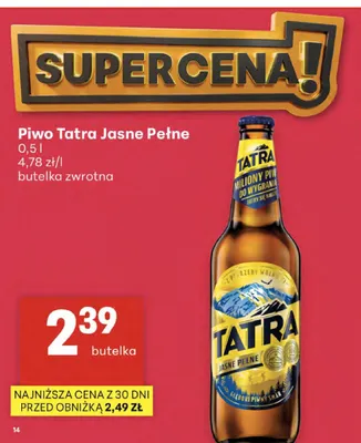 Piwo Tatra Jasne Pełne butelka zwrotna promocja w Delikatesy Centrum