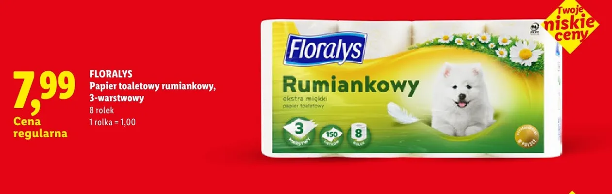Papier toaletowy rumiankowy 3-warstwowy Floralys 8-pak promocja w Lidl