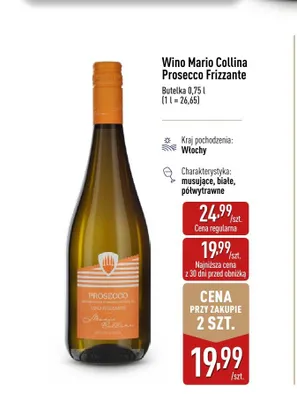 Wino Mario Collina Prosecco Frizzante musujące białe półwytrawne Włochy promocja w Aldi