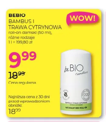 Roll-on damski Bambus i Trawa Cytrynowa beBio promocja w Drogerie Jawa