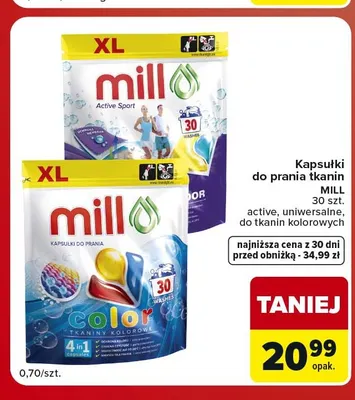 Kapsułki do prania tkanin Mill active promocja w Carrefour Market