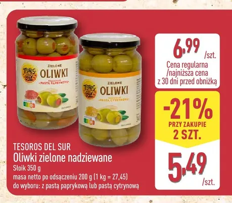 Oliwki zielone nadziewane z pastą cytrynową Tesoros del Sur promocja w Aldi