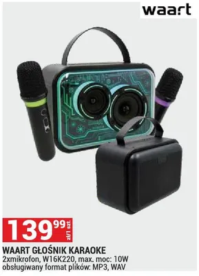 Głośnik karaoke Waart 2xmikrofon W16K220 moc 10W obsługiwany format plików MP3 WAV promocja w Merkury Market