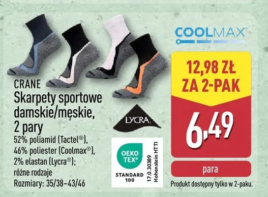 Skarpety sportowe damskie/męskie, 2 pary promocja w Aldi
