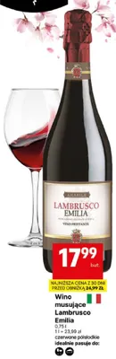 Wino musujące Lambrusco Emilia czerwone półsłodkie promocja w Delikatesy Centrum