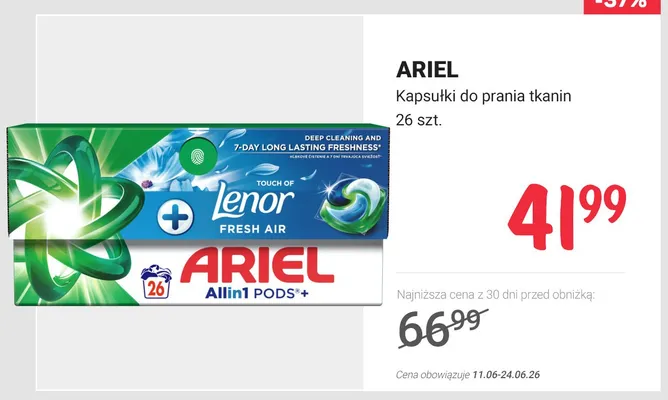 Kapsułki do prania tkanin Ariel Allin1 Pods Touch of Lenor Fresh Air promocja w Rossmann