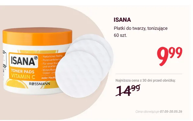 Płatki do twarzy tonizujące ISANA promocja w Rossmann