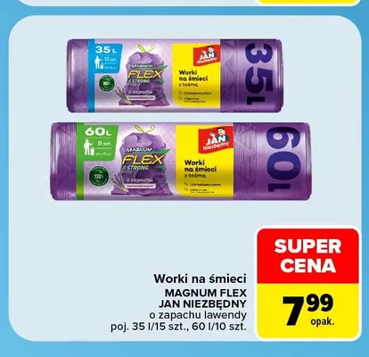 Worki na śmieci z taśmą Jan Niezbędny Magnum Flex 15-pak o zapachu lawendowym 35 l promocja w Carrefour