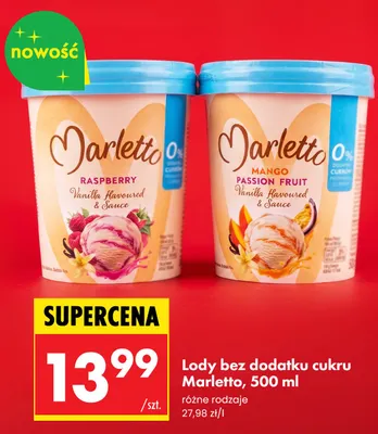 Lody bez dodatku cukru Marletto Raspberry Vanilla Flavoured & Sauce promocja w Biedronka