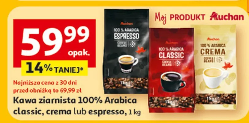 Kawa ziarnista 100% Arabica classic, crema lub espresso promocja w Auchan