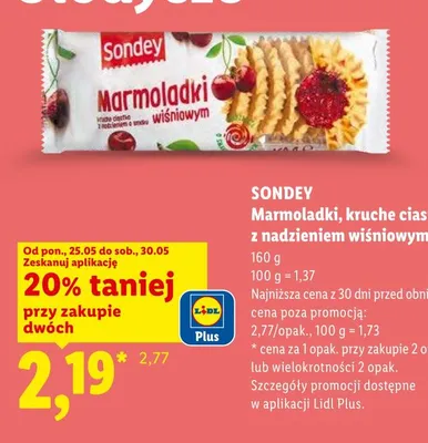 Ciastka kruche z nadzieniem wiśniowym Marmoladki Sondey promocja w Lidl
