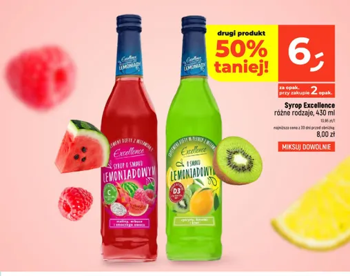 Syrop Excellence o smaku lemoniadowym maliny arbuza i smoczego owocu promocja w Dealz