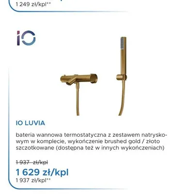 Bateria wannowa termostatyczna Io Luvia brushed gold złoto szczotkowane promocja w Blu Salony Łazienek