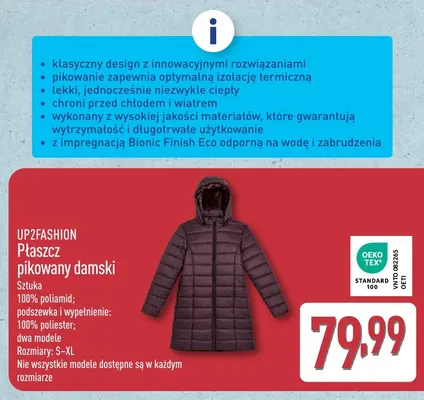 Płaszcz pikowany damski Up2fashion promocja w Aldi