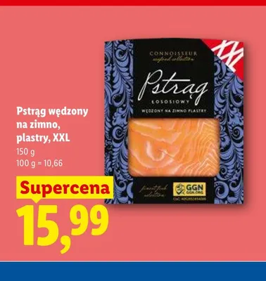 Pstrąg łososiowy wędzony na zimno plastry XXL CONNOISSEUR promocja w Lidl