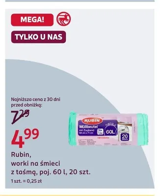 Worki na śmieci z taśmą Rubin 60 l promocja w Rossmann
