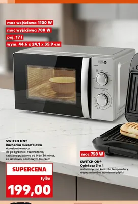 Kuchenka mikrofalowa SWITCH ON 6 poziomów mocy do podgrzania i rozmrażania czas podgrzewania od 0 do 30 minut ze szklanym obrotowym talerzem moc wejściowa 1100W moc wyjściowa 700W poj. 17l wym. 44,6x24,1x35,9cm promocja w Kaufland