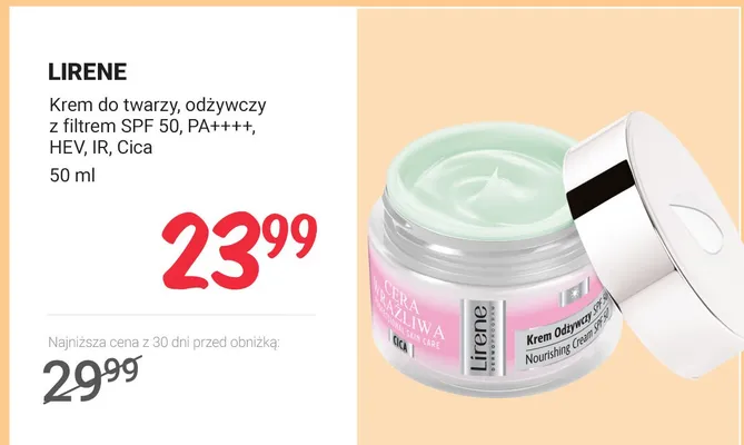 Krem do twarzy odżywczy Lirene z filtrem SPF 50 PA++++ HEV IR Cica promocja w Rossmann