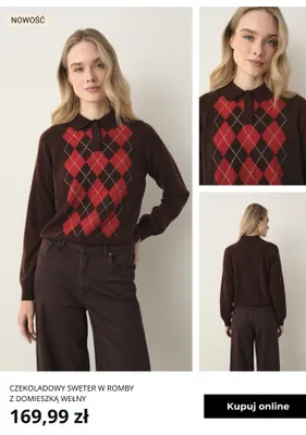 Czekoladowy sweter w romby z domieszką wełny Greenpoint promocja w Greenpoint