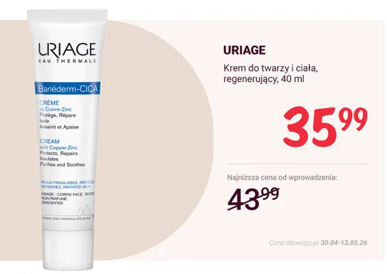 Krem do twarzy i ciała regenerujący Uriage Bariéderm-CICA promocja w Rossmann