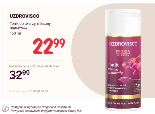 Tonik do twarzy mleczny naprawczy UZDROVISCO promocja w Rossmann