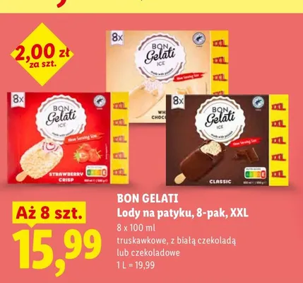 Lody na patyku z białą czekoladą Bon Gelati White Chocolate XXL 8-pak promocja w Lidl