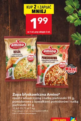 Zupa błyskawiczna Amino pomidorowa z kawałkami pomidorów i natką pietruszki promocja w LEWIATAN