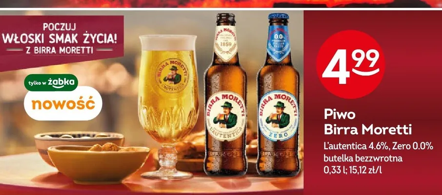 Piwo Birra Moretti L'autentica 4.6%, Zero 0.0% promocja w Żabka