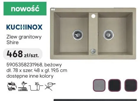 Zlew granitowy KUCHINOX Shire beżowy dł. 78 x szer. 48 x gł. 19,5cm promocja w Castorama