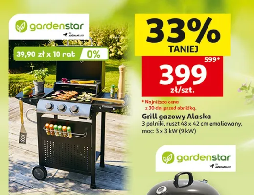 Grill gazowy Alaska 3 palniki ruszt 48x42cm emaliowany moc 3x3kW (9kW) Gardenstar promocja w Auchan