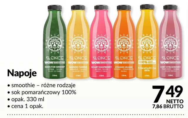 Napoje smoothie - różne rodzaje, sok pomarańczowy 100% promocja w Makro