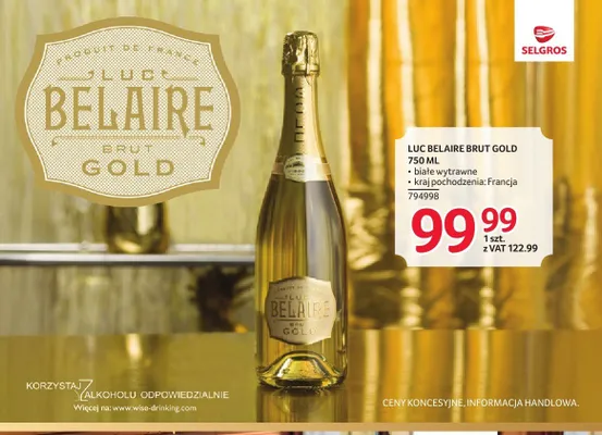 Wino musujące Luc Belaire Brut Gold promocja w Selgros
