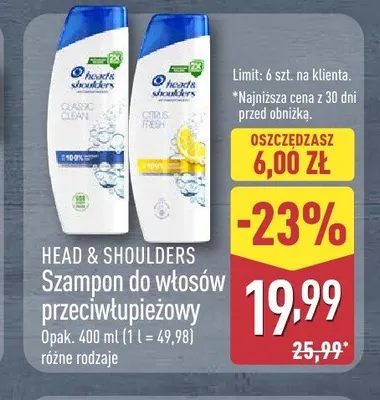 Szampon do włosów przeciwłupieżowy Head & Shoulders Classic Clean promocja w Aldi