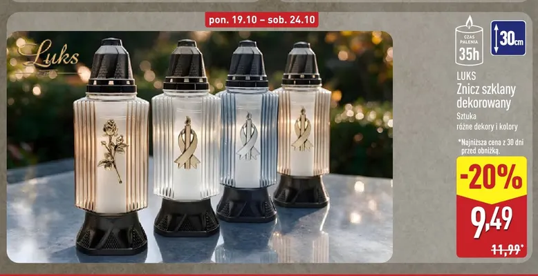 Znicz szklany dekorowany Luks promocja w Aldi