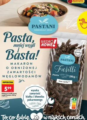 Makaron fusilli mniej węgli Pastani promocja w Biedronka