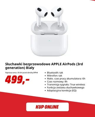 Słuchawki bezprzewodowe Apple AirPods (3rd generation) biały promocja w Media Markt