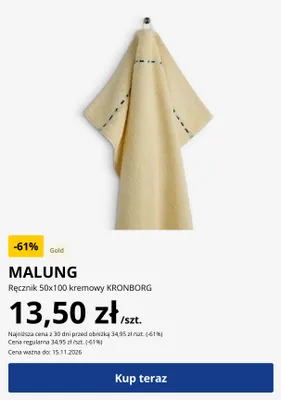 Ręcznik Malung 50x100 cm kremowy Kronborg promocja w Jysk