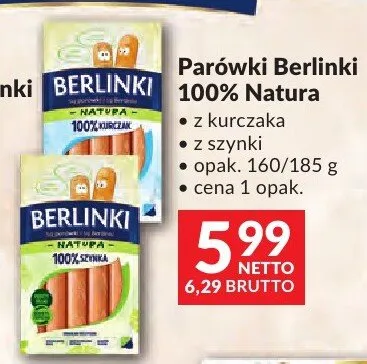 Parówki Berlinki 100% Natura z kurczaka z szynki promocja w Makro