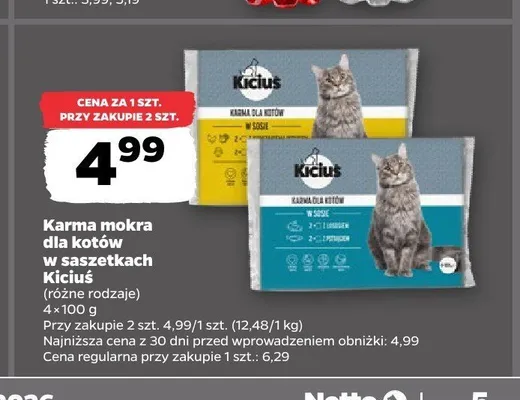 Karma mokra dla kotów w saszetkach Kiciuś w sosie z łososiem 4-pak promocja w Netto
