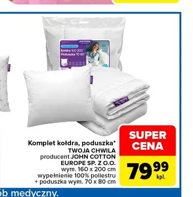 Komplet kołdra i poduszka Twoja Chwila John Cotton 160x200 cm + 70x80 promocja w Carrefour