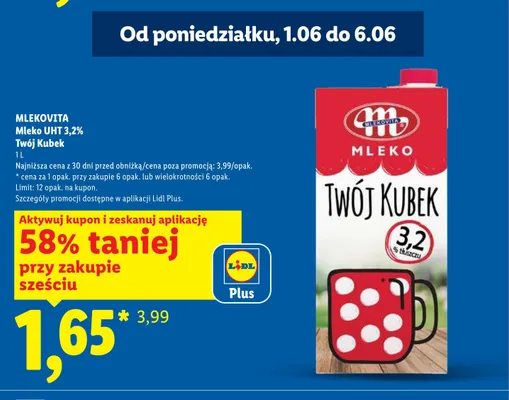 Mleko UHT 3,2% Twój Kubek Mlekovita promocja w Lidl