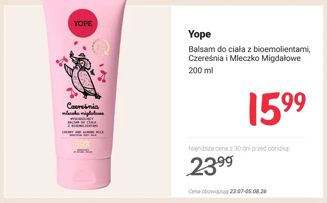 Balsam do ciała Yope z bioemolientami Czereśnia i Mleczko Migdałowe promocja w Rossmann